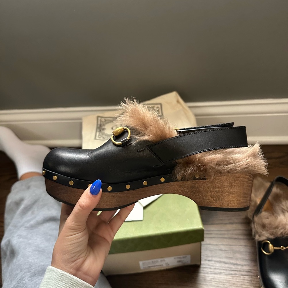 Gucci Black and Brown Fur-Lined Mules
